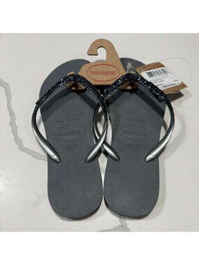 Havaianas Women's Slim Glitter II Flip Flop Sandal Steel Grey US 6
